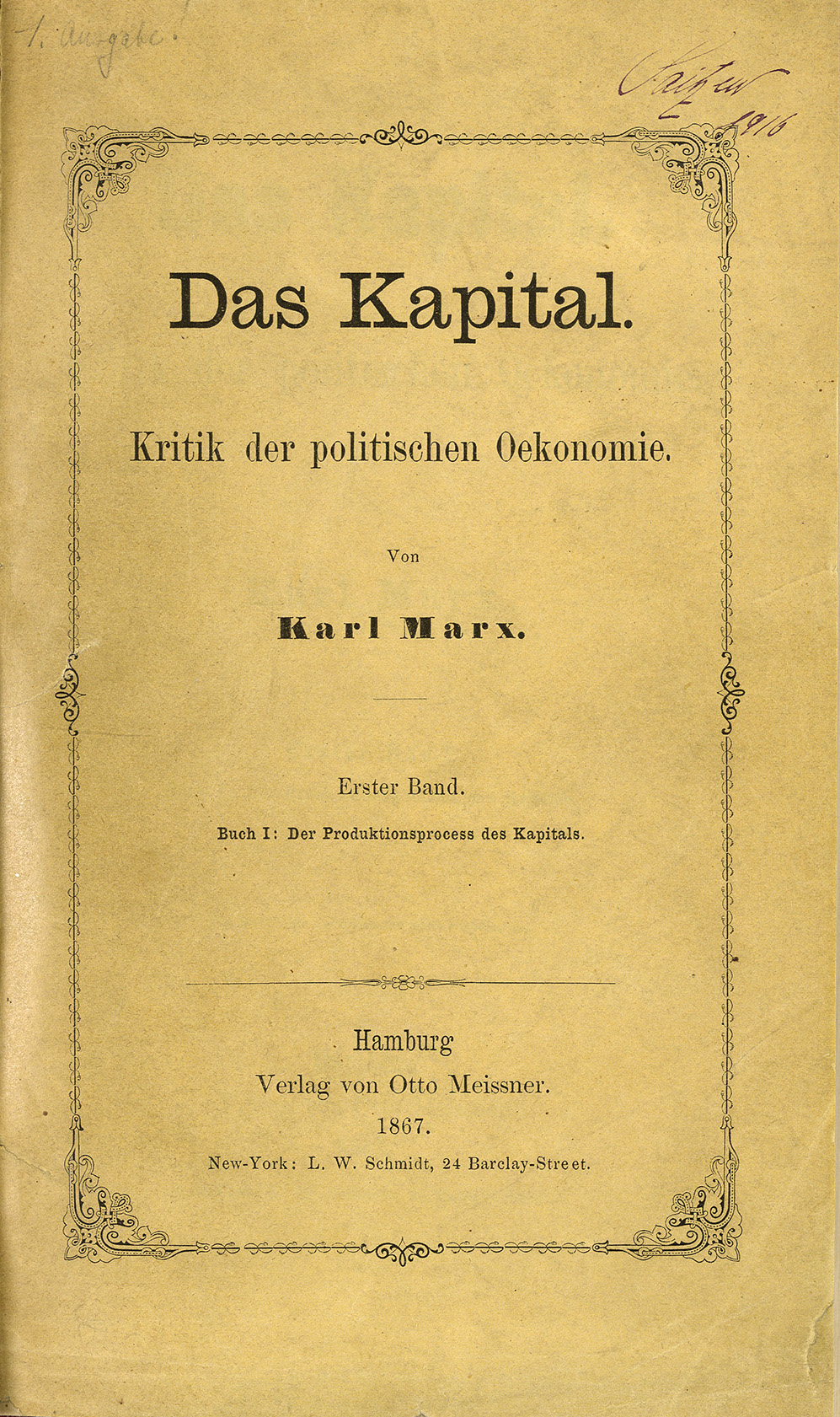 Titelblatt der Erstausgabe des Kapitals, Hamburg 1867